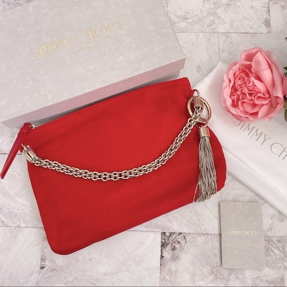 🆕 Authentic Jimmy Choo Callie Suede Clutch Bag in Red - Picture 2 of 9